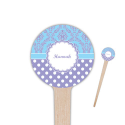 Purple Damask & Dots 4" Round Wooden Food Picks - Single Sided (Personalized)