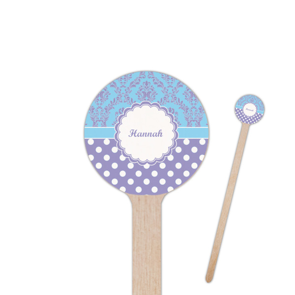 Custom Purple Damask & Dots 7.5" Round Wooden Stir Sticks - Single Sided (Personalized)