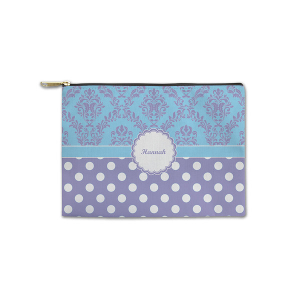 Custom Purple Damask & Dots Zipper Pouch - Small - 8.5"x6" (Personalized)