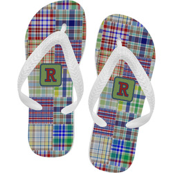 Blue Madras Plaid Print Flip Flops - Large (Personalized)