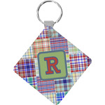 Blue Madras Plaid Print Diamond Plastic Keychain w/ Initial