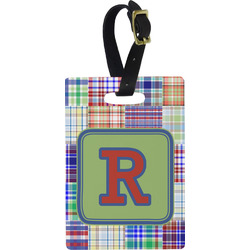 Blue Madras Plaid Print Plastic Luggage Tag - Rectangular w/ Initial