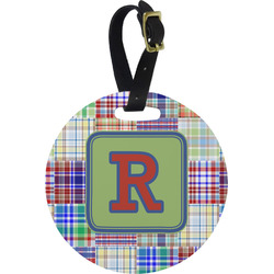 Blue Madras Plaid Print Plastic Luggage Tag - Round (Personalized)