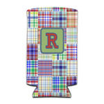 Blue Madras Plaid Print Can Cooler (tall 12 oz) (Personalized)