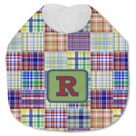 Blue Madras Plaid Print Jersey Knit Baby Bib w/ Initial