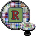 Blue Madras Plaid Print Cabinet Knob (Black) (Personalized)