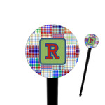 Blue Madras Plaid Print 4" Round Plastic Food Picks - Black - Single Sided (Personalized)