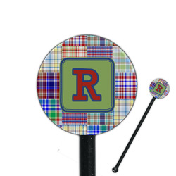 Blue Madras Plaid Print 5.5" Round Plastic Stir Sticks - Black - Double Sided (Personalized)