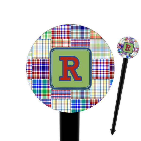 Custom Blue Madras Plaid Print 6" Round Plastic Food Picks - Black - Double Sided (Personalized)