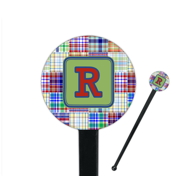 Custom Blue Madras Plaid Print 7" Round Plastic Stir Sticks - Black - Double Sided (Personalized)