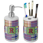 Blue Madras Plaid Print Ceramic Bathroom Accessories Set (Personalized)