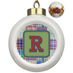 Blue Madras Plaid Print Ceramic Ball Ornaments - Poinsettia Garland (Personalized)