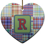 Blue Madras Plaid Print Heart Ceramic Ornament w/ Initial