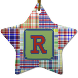 Blue Madras Plaid Print Star Ceramic Ornament w/ Initial