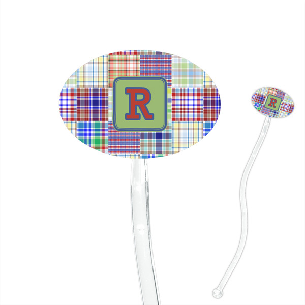 Custom Blue Madras Plaid Print 7" Oval Plastic Stir Sticks - Clear (Personalized)