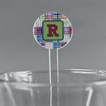 Blue Madras Plaid Print 7" Round Plastic Stir Sticks - Clear (Personalized)