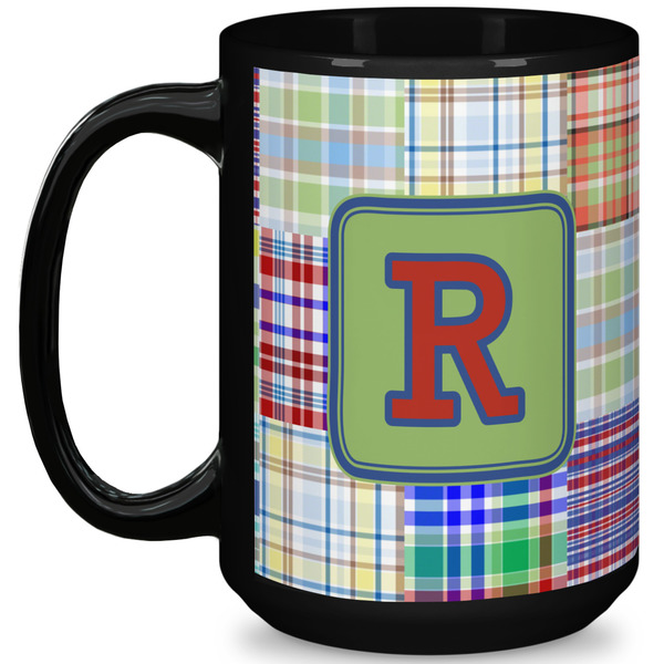 Custom Blue Madras Plaid Print 15 Oz Coffee Mug - Black (Personalized)