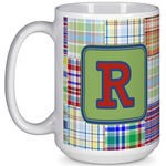 Blue Madras Plaid Print 15 Oz Coffee Mug - White (Personalized)