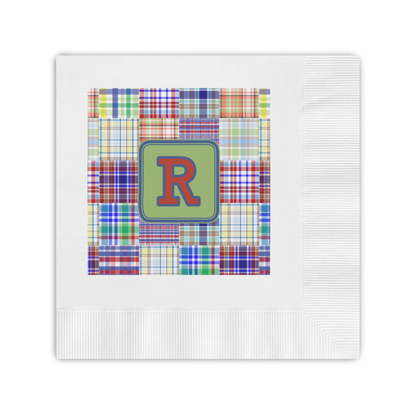 Custom Blue Madras Plaid Print Coined Cocktail Napkins (Personalized)