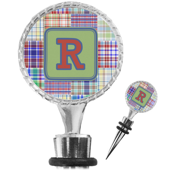 Custom Blue Madras Plaid Print Wine Bottle Stopper (Personalized)