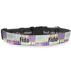 Blue Madras Plaid Print Deluxe Dog Collar - Large (13" to 21") (Personalized)