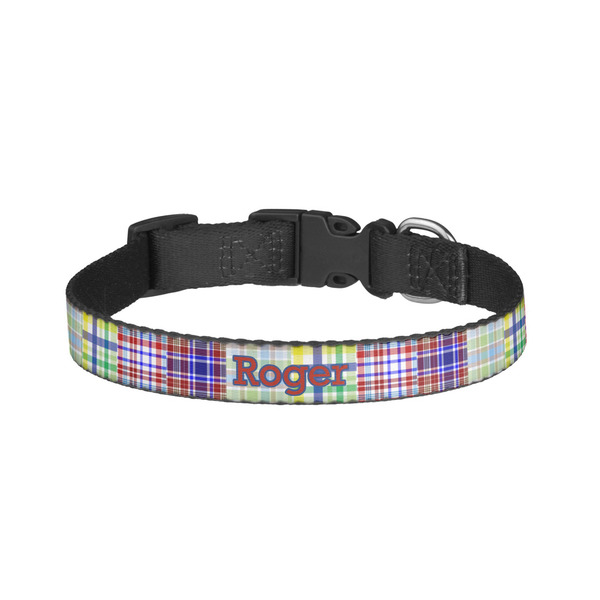 Custom Blue Madras Plaid Print Dog Collar - Small (Personalized)