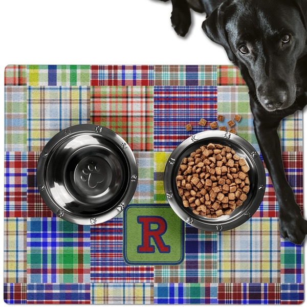 Custom Blue Madras Plaid Print Dog Food Mat - Large w/ Initial