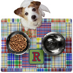 Blue Madras Plaid Print Dog Food Mat - Medium w/ Initial