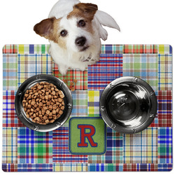 Blue Madras Plaid Print Dog Food Mat - Medium w/ Initial