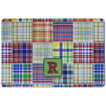 Blue Madras Plaid Print Dog Food Mat w/ Initial