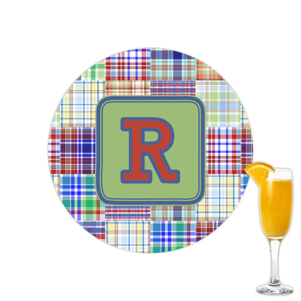 Custom Blue Madras Plaid Print Printed Drink Topper - 2.15" (Personalized)