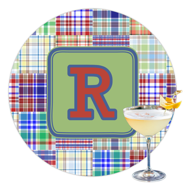 Custom Blue Madras Plaid Print Printed Drink Topper - 3.5" (Personalized)