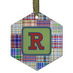 Blue Madras Plaid Print Flat Glass Ornament - Hexagon w/ Initial