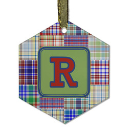 Blue Madras Plaid Print Flat Glass Ornament - Hexagon w/ Initial