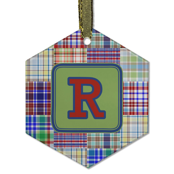 Custom Blue Madras Plaid Print Flat Glass Ornament - Hexagon w/ Initial