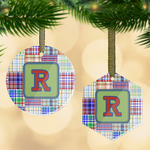 Blue Madras Plaid Print Flat Glass Ornament w/ Initial