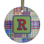 Blue Madras Plaid Print Flat Glass Ornament - Round w/ Initial