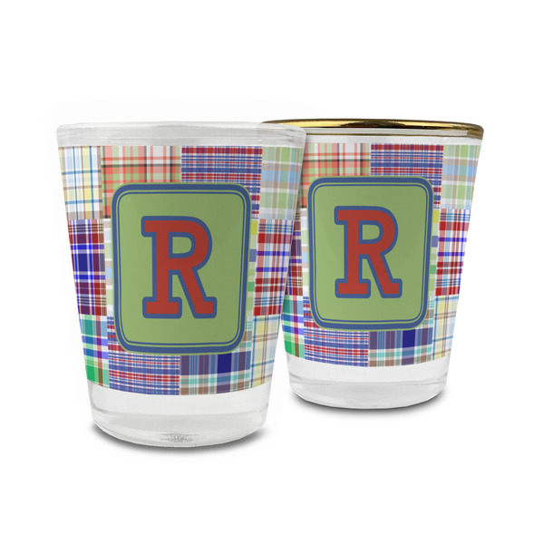 Custom Blue Madras Plaid Print Glass Shot Glass - 1.5 oz (Personalized)