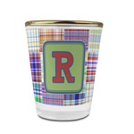 Blue Madras Plaid Print Glass Shot Glass - 1.5 oz - with Gold Rim - Set of 4 (Personalized)