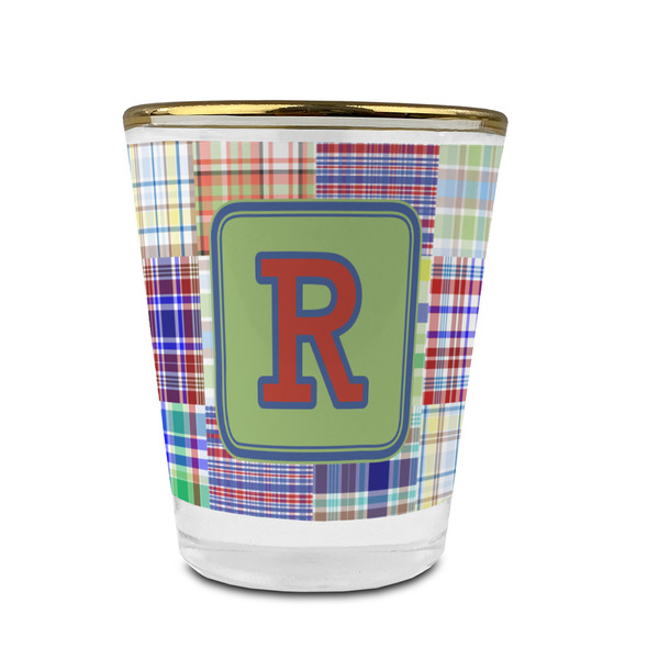 Custom Blue Madras Plaid Print Glass Shot Glass - 1.5 oz - with Gold Rim - Set of 4 (Personalized)