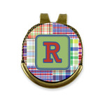 Blue Madras Plaid Print Golf Ball Marker - Hat Clip - Gold