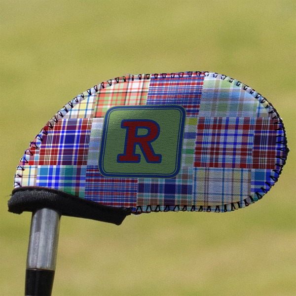 Custom Blue Madras Plaid Print Golf Club Iron Cover (Personalized)