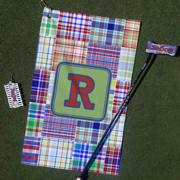 Custom Blue Madras Plaid Print Golf Towel Gift Set (Personalized)