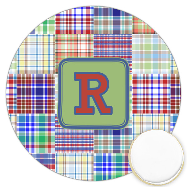 Custom Blue Madras Plaid Print Printed Cookie Topper - 3.25" (Personalized)