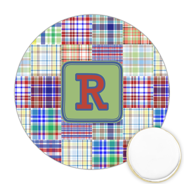 Custom Blue Madras Plaid Print Printed Cookie Topper - Round (Personalized)