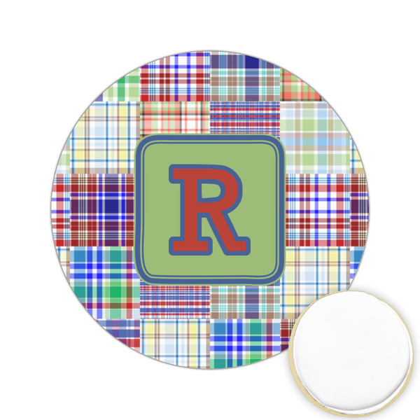 Custom Blue Madras Plaid Print Printed Cookie Topper - 2.15" (Personalized)