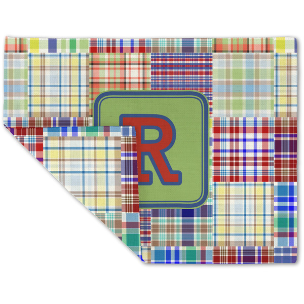 Custom Blue Madras Plaid Print Double-Sided Linen Placemat - Single w/ Initial