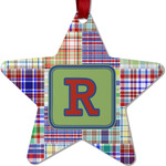 Blue Madras Plaid Print Metal Star Ornament - Double Sided w/ Initial