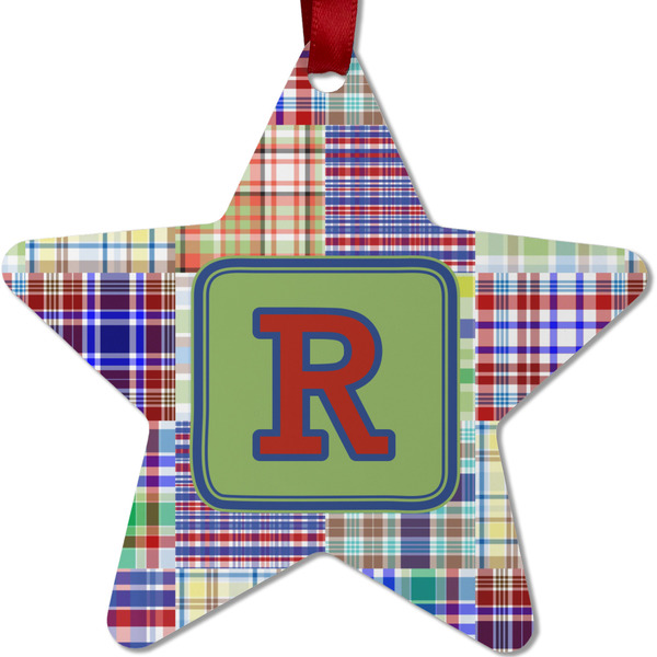 Custom Blue Madras Plaid Print Metal Star Ornament - Double Sided w/ Initial