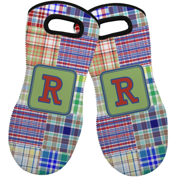 Custom Blue Madras Plaid Print Neoprene Oven Mitts - Set of 2 w/ Initial